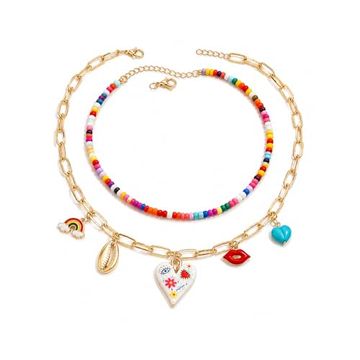 DIOWUS Layered Necklaces For Women, Boho Colorful Beaded Rainbow Shell Turquoise Evil Eye Heart Pendant Necklace Dainty Statement Summer Jewelry Gifts (Layered Evil Eye)