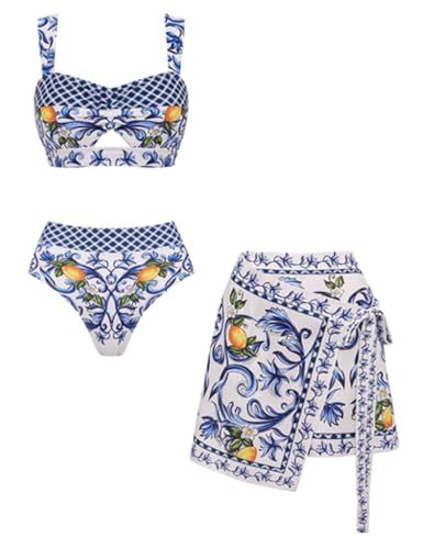 FLAXMAKER High Waist Lemon Print Bikini Set with Skirt