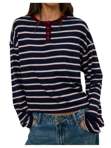 OYOANGLE Women's Striped Oversized Henley Top