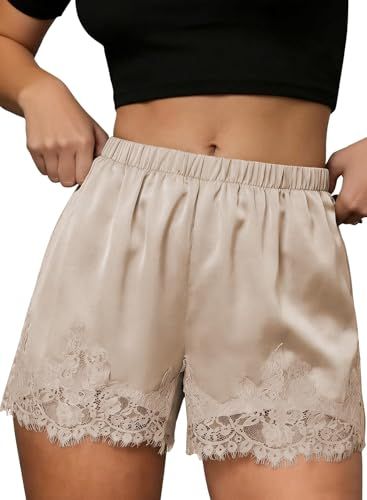 EVALESS Satin Lace Pajama Shorts, Oatmeal, XL
