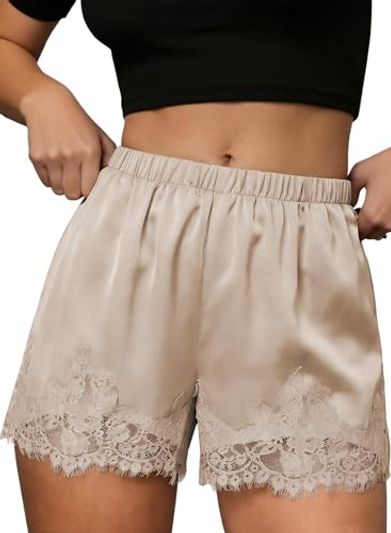 EVALESS Satin Lace Pajama Shorts, Oatmeal, XL
