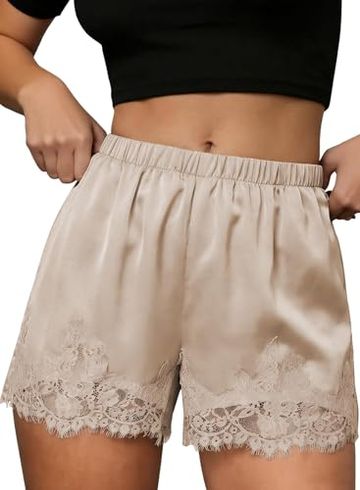 EVALESS Satin Lace Pajama Shorts, Oatmeal, XL
