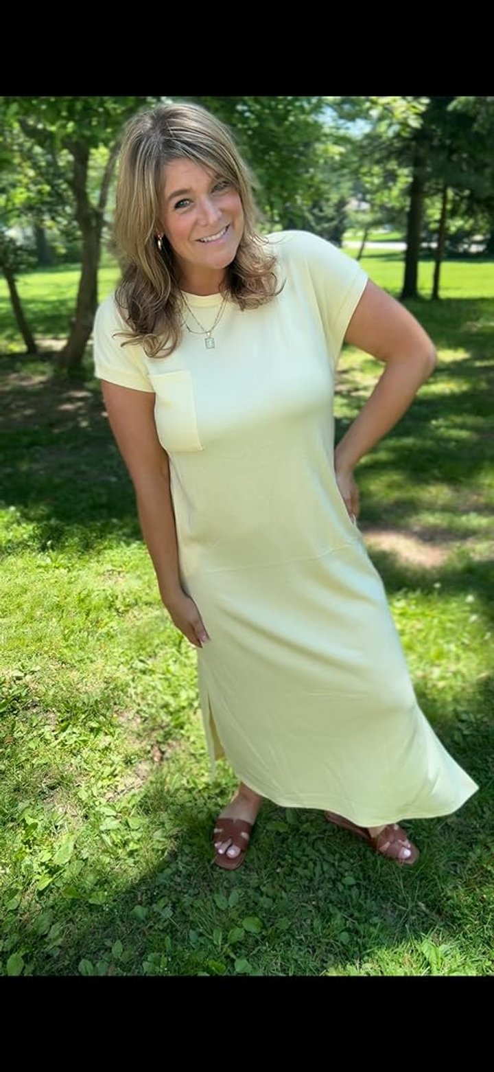 AUSELILY Wrinkle-Free Maxi Sundress Short Sleeve Light Pink