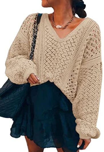 CCTOO Oversized V-Neck Crochet Batwing Sweater
