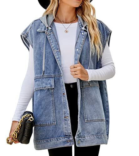 PAODIKUAI Mid-Long Hooded Denim Vest, Distressed Blue