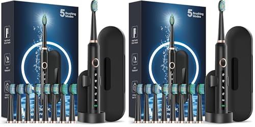 Rtauys Sonic Electric Toothbrush with 8 Brush Heads & Travel Case (Pack of 2)