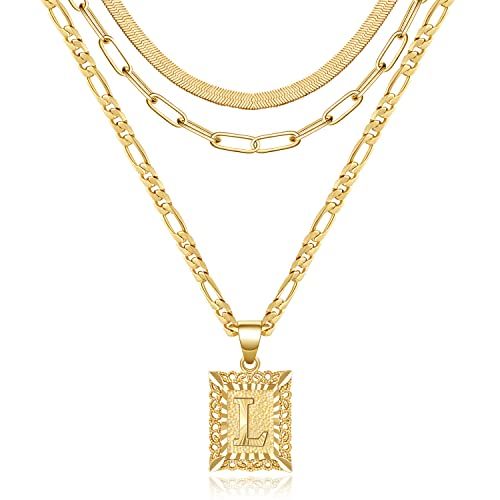 KissYan 14K Gold Plated Layered Initial Necklace Set