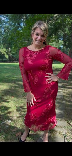 AUMORA Long Sleeve 3D Floral Maxi Dress, Red