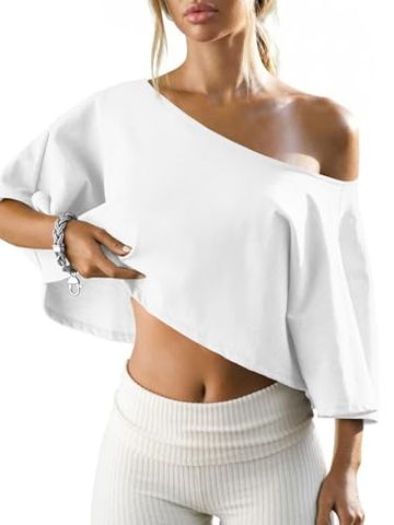 Fisoew Womens Off The Shoulder Cropped Tops Batwing Short Sleeve Workout Shirts Asymmetrical Neck Summer Casual Cotton T Shirts White