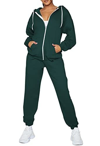 AOHITE 2-Piece Zip Hoodie & Jogger Sweatsuit, Dark Green