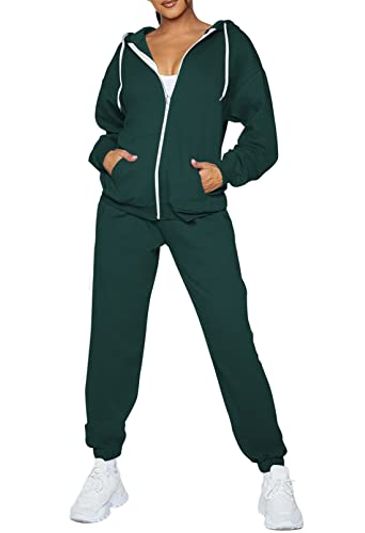 AOHITE 2-Piece Zip Hoodie & Jogger Sweatsuit, Dark Green