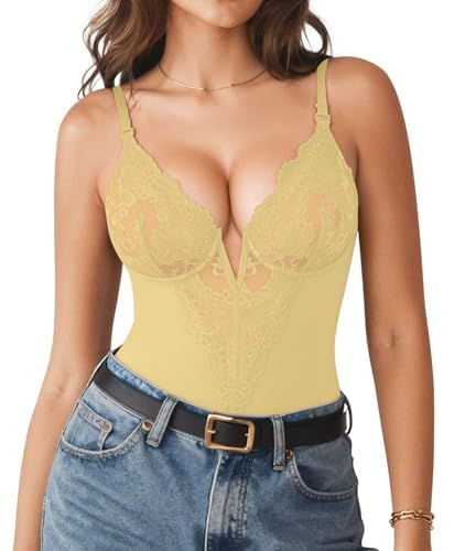Popilush Shapewear Bodysuits for Women Tummy Control Lace Bodysuit V Neck Sleeveless Corset Tops Body Suit