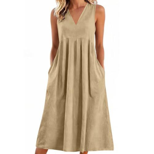 WPPGONE Sleeveless Linen V-Neck Maxi Dress w/ Pockets