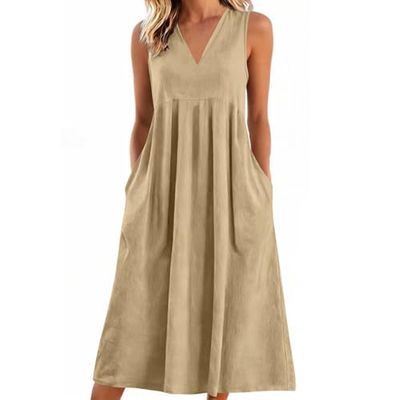 WPPGONE Sleeveless Linen V-Neck Maxi Dress w/ Pockets