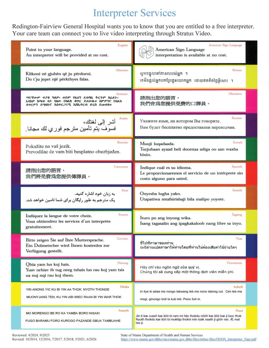 Interpreter Services sign listing, in 24 languages, that a free interpreter will be provided. Most of the languages are also listed as text above on this page.