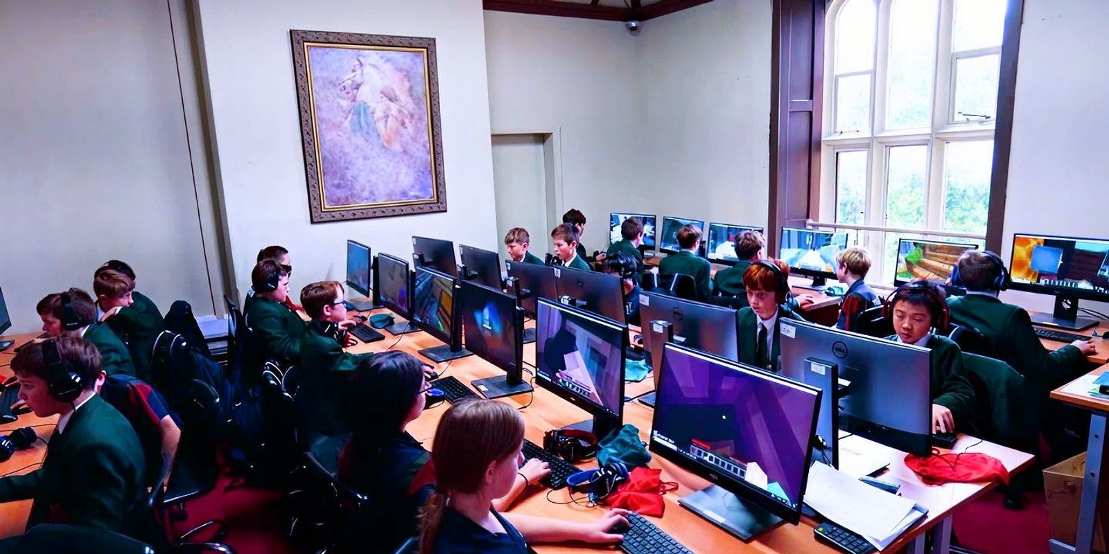 Scarisbrick Hall School pupils playing Minecraft in the school computer room
