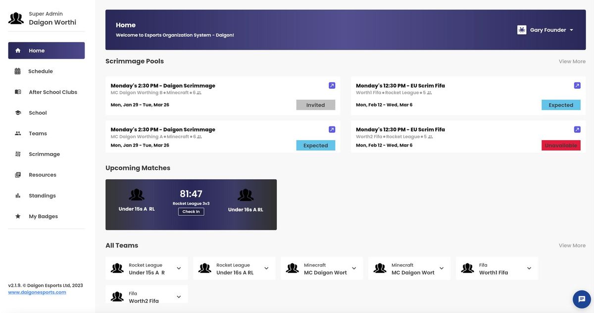 The DAIGON platform dashboard showing upcoming fixtures and teams