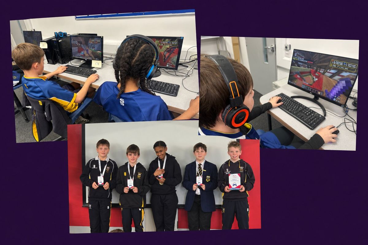 Collage of the Ashley Manor team training in the computer room and lined up with their medals