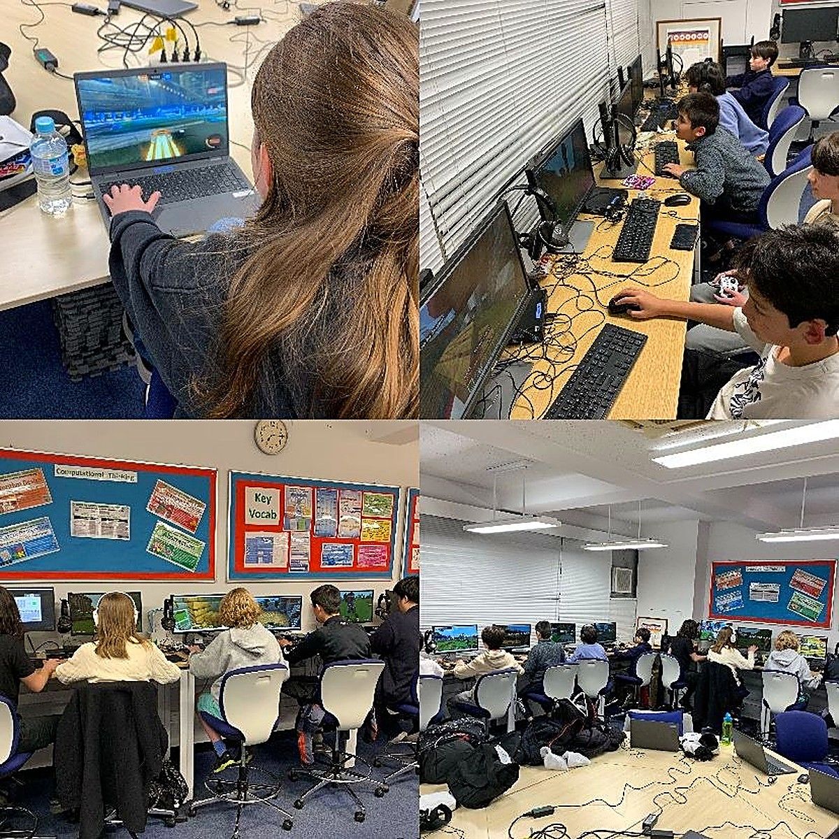 Four photos of students competing in school computer rooms