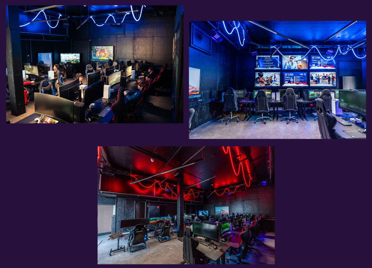 Aiglon College’s ET Lab: students playing at gaming PCs under blue neon lights, gaming chairs facing a wall of screens, and driving simulators under red neon lights.