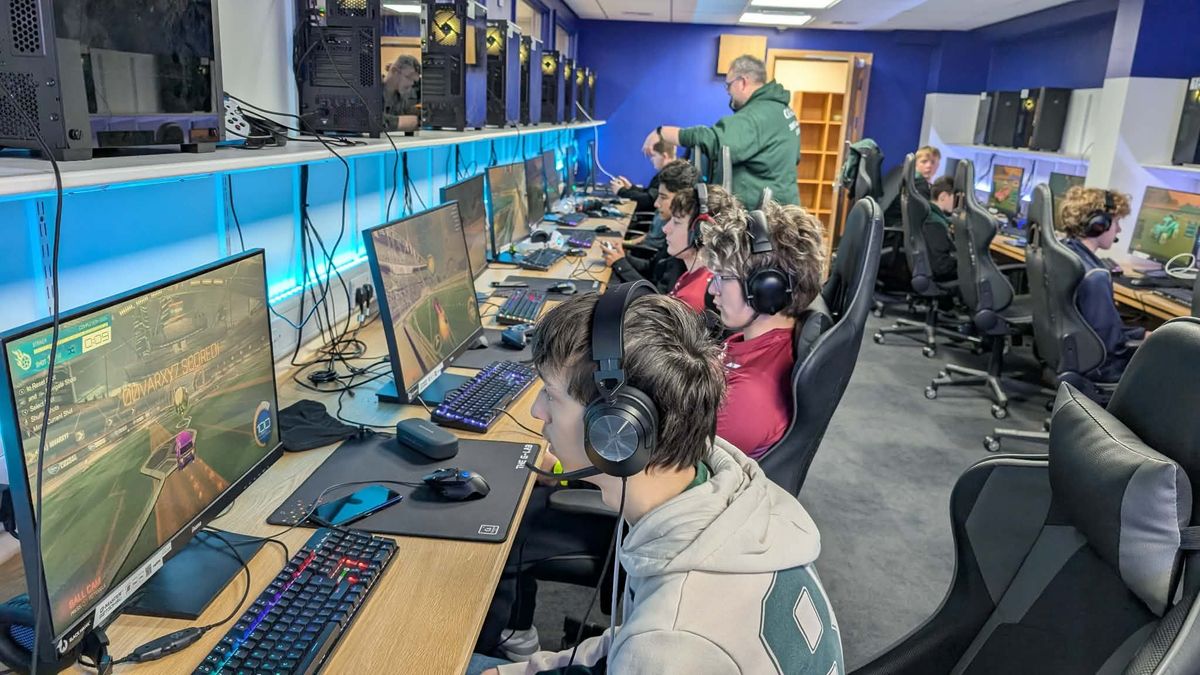 Students competing in Rocket League in the esports room at Queen Ethelburga's