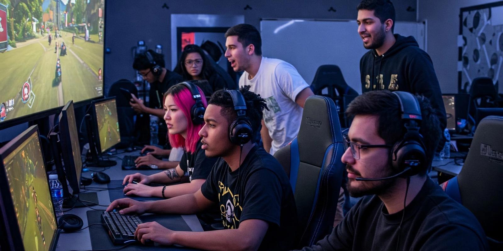 Students competing at gaming PCs in an esports arena