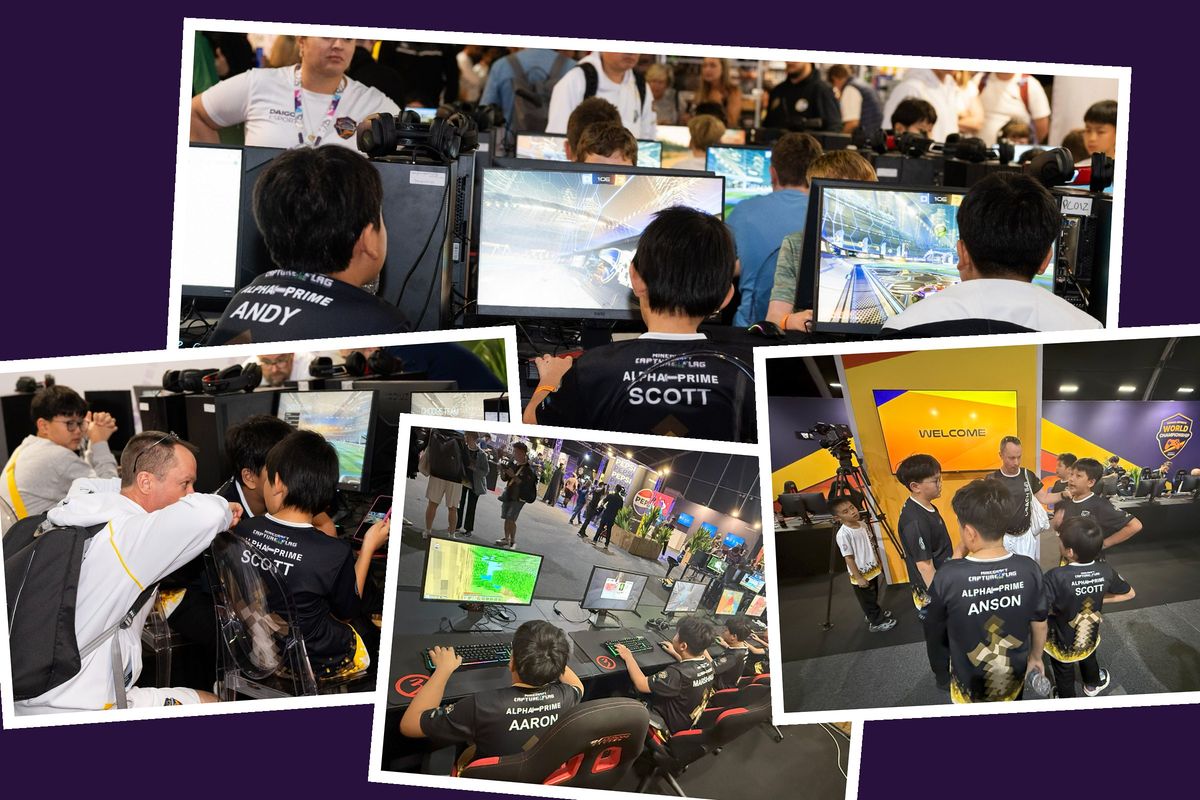 Collage of SSIS students competing and training in Minecraft at the championships