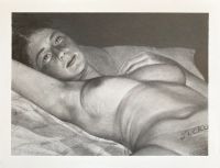 A girl is lying on a bed with one arm raised and looking toward the viewer in a detailed black and white drawing.