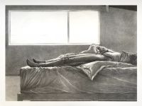 A person lies stretched out on a bed with rumpled sheets in a dimly lit room with a large window letting in bright light.