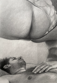 A person lies down looking up at another person who is bending over above them, both in a close and intimate setting.