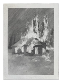 A charcoal drawing depicts a small house engulfed in large flames with fire spreading to nearby trees.