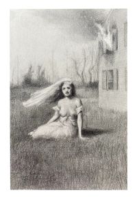 A person with long flowing hair and a loose dress sits on the grass near a building with bare trees in the background in a softly shaded, monochromatic style.