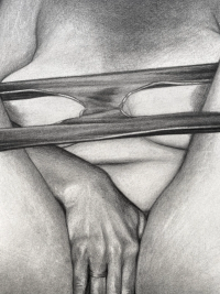A detailed black and white drawing shows a person sitting with legs apart and one hand resting on their inner thigh, wearing a ring and partially covered by a piece of fabric or clothing.