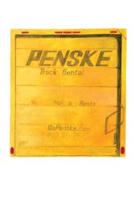 The back of a yellow Penske truck rental vehicle with faded text and a handle on the right side.