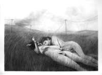 Two nude adults lie closely together in a grassy field with power lines in the background, rendered in a detailed black and white drawing.