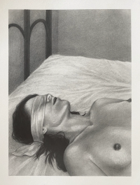 An woman with long hair lies on a bed with a blindfold covering their eyes in a softly shaded, realistic drawing.