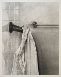 A detailed pencil drawing shows a coat hanging on a wall-mounted dildo next to a tiled wall and a smooth door with a horizontal handle.