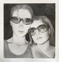 Two girls wearing large sunglasses pose closely together against a dark background in a detailed pencil drawing.