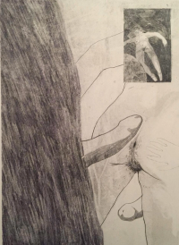 A monochrome abstract drawing features a large textured vertical shape on the left, intersecting with faint outlines of a reclining person and a smaller inset image of a similar figure in the upper right corner.