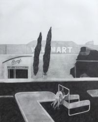 Two people are sitting on a bench in a grayscale urban scene with a Walmart sign and tall trees in the background.