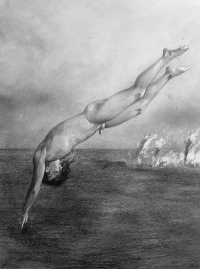 A detailed black and white drawing depicts a person diving headfirst into water with arms extended and legs straight, surrounded by splashes.