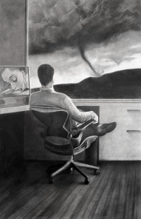 A person sitting in an office chair with legs crossed is watching a tornado through a large window while a close-up of their focused face appears on a nearby computer screen in a grayscale drawing.