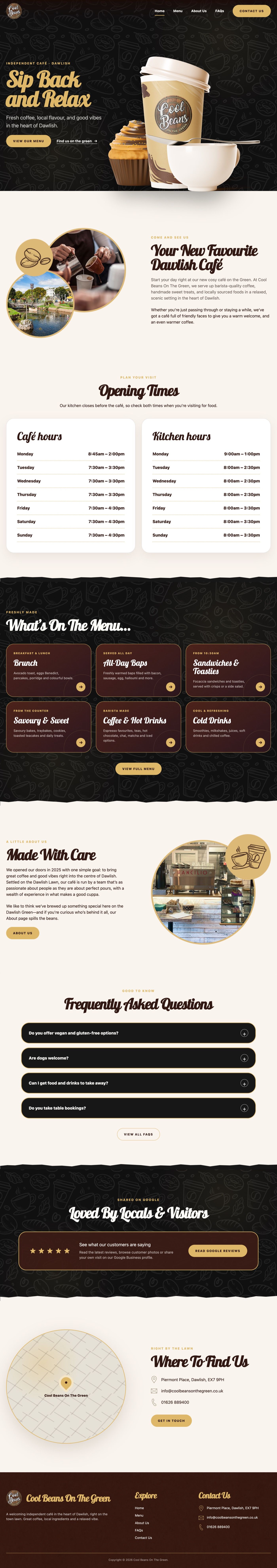 The finished Cool Beans On The Green homepage with a dark café-themed hero, opening times, menu categories and local information
