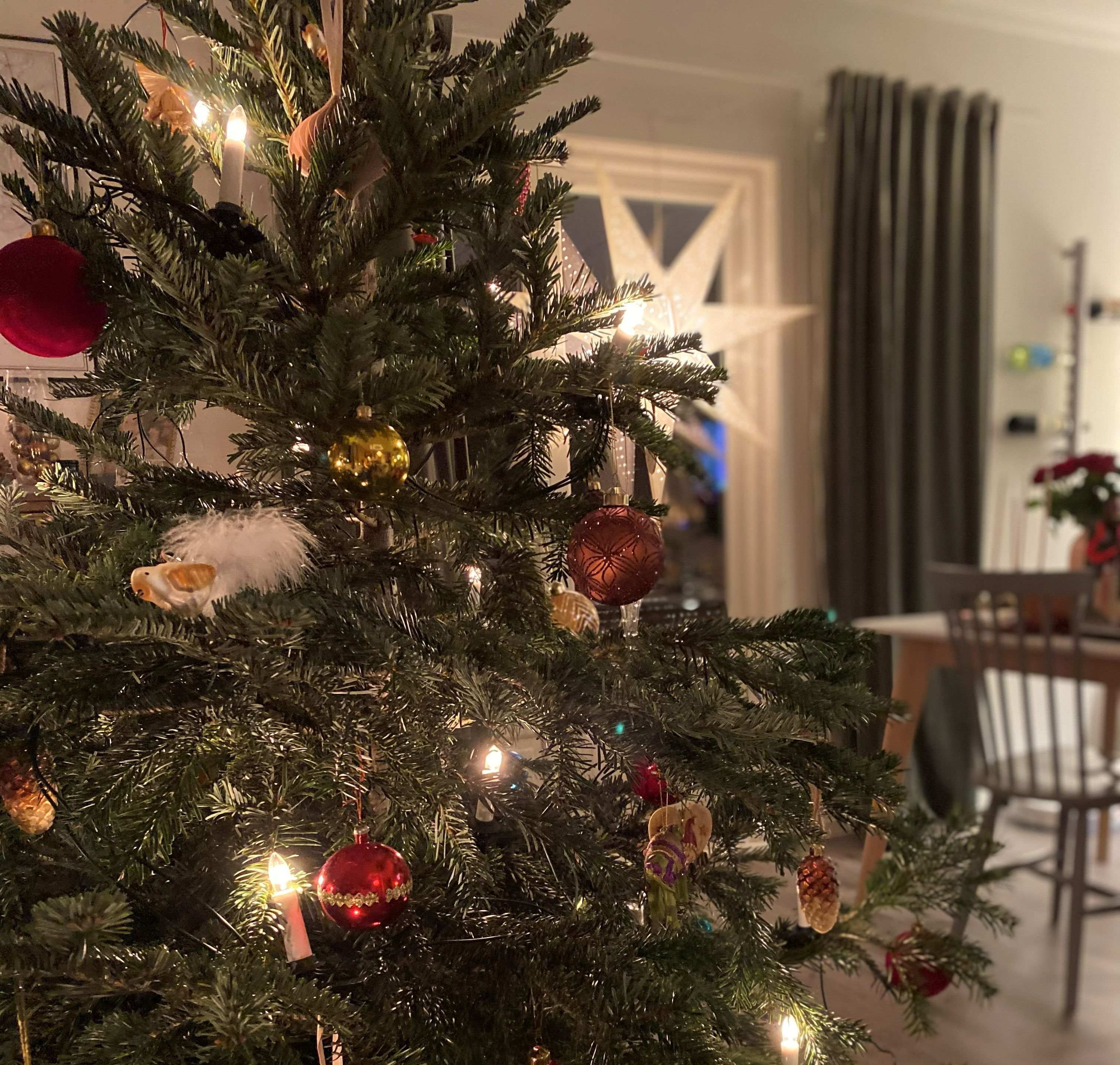 Pyntet juletre i stue med spisebord