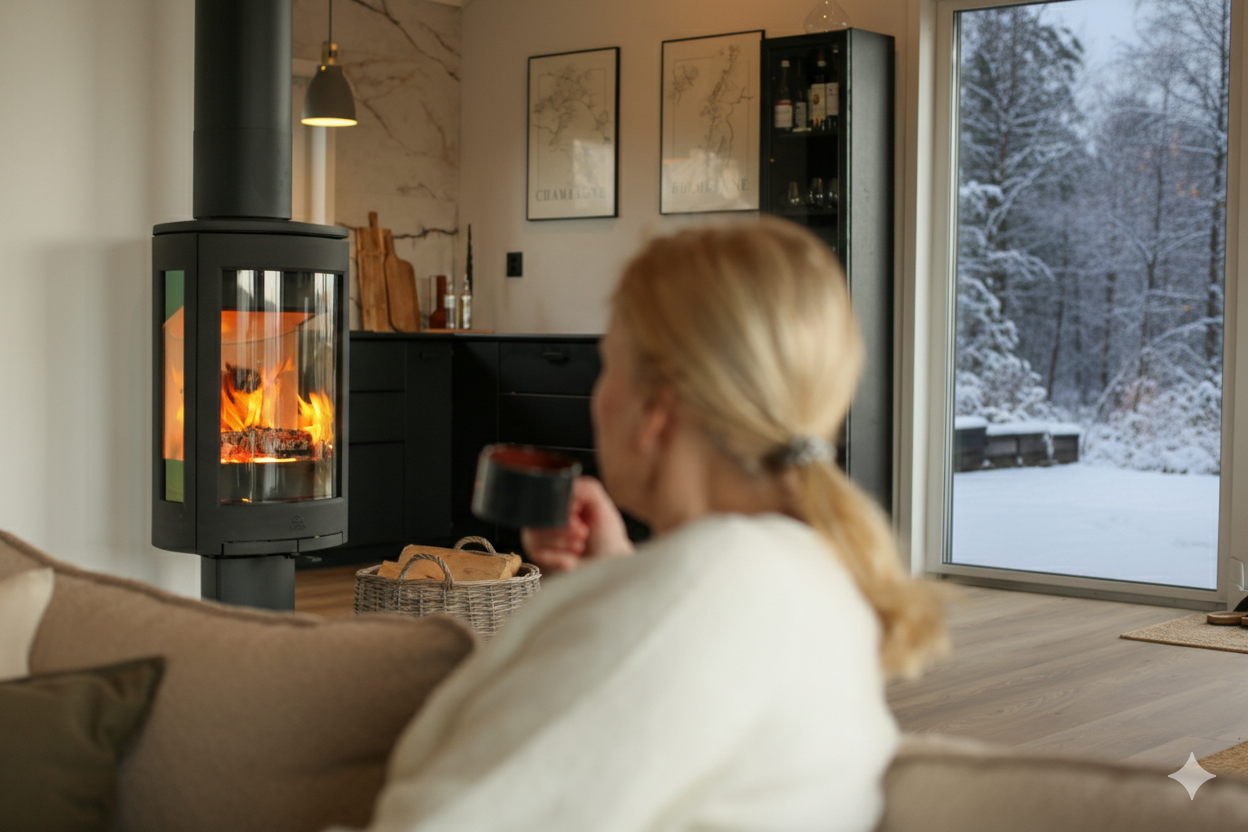 Person som sitter i sofa og ser mot frittstående peisovn med pipe, med flammer synlige i moderne stue og utsikt mot vinterlandskap