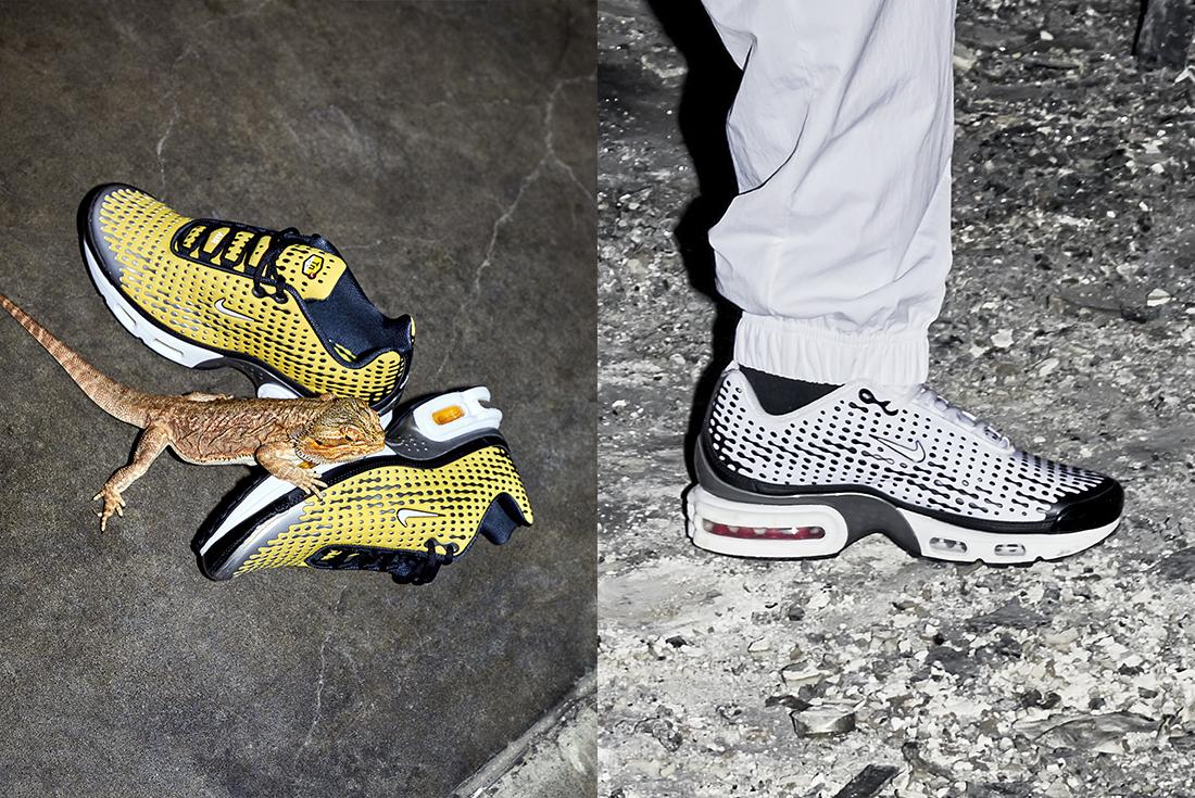 nike tn7 varsity maize black and white sneakers with a lizard