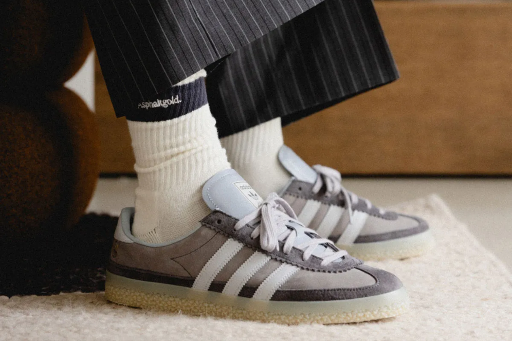 adidas SPZL Roelee close up on-foot shot paired with white socks