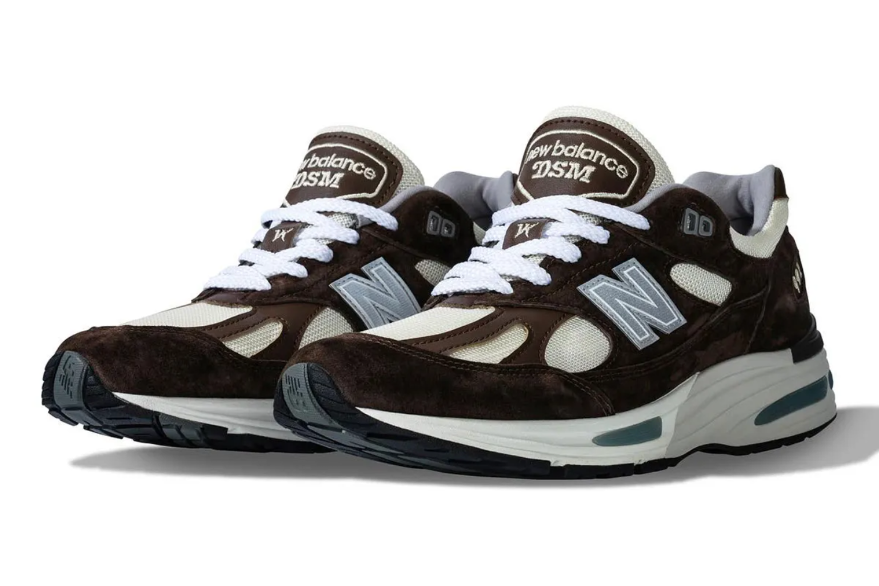 brown new balance 991v2 sneaker with cream detailing