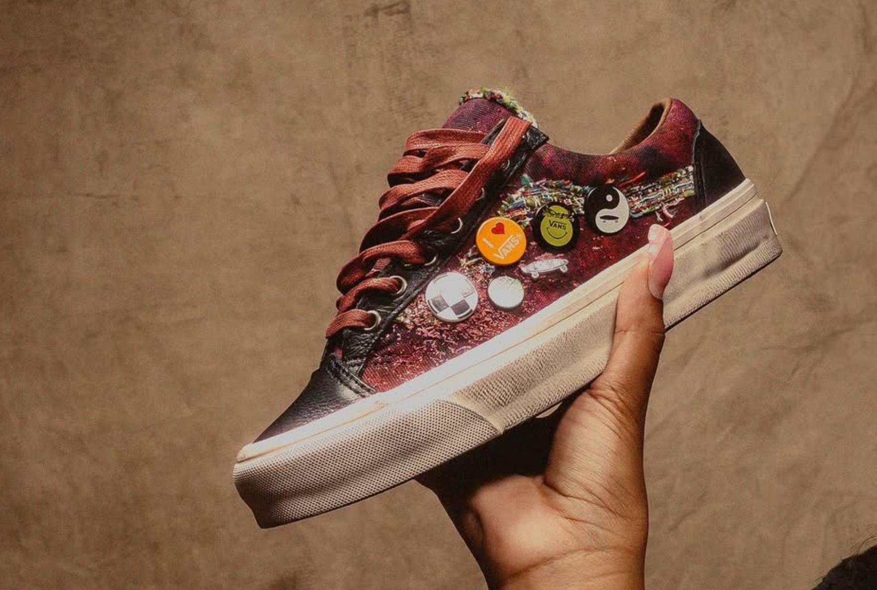 Vans Old Skool 36 Souvenir Held in Air By Hand with Pink Nails