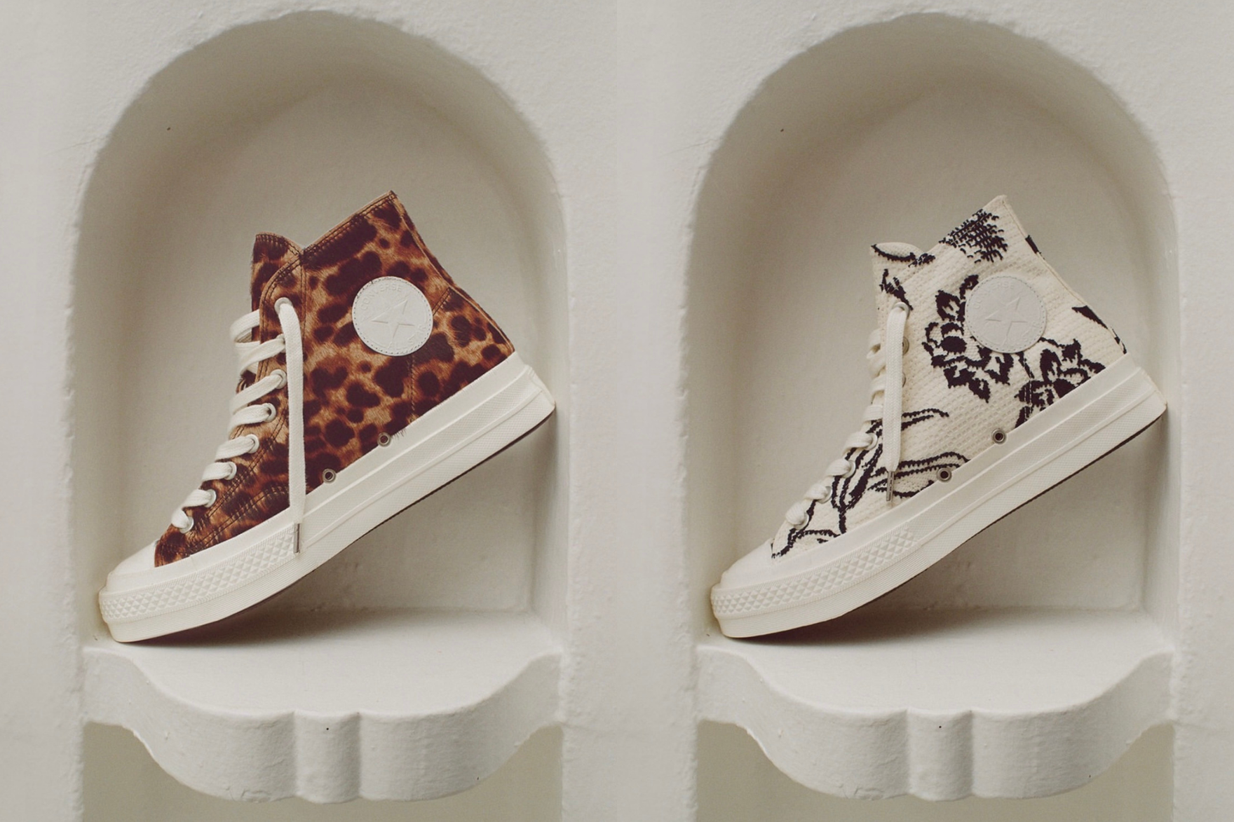 Cheetah and Tropical First String Chuck Taylor on cream background